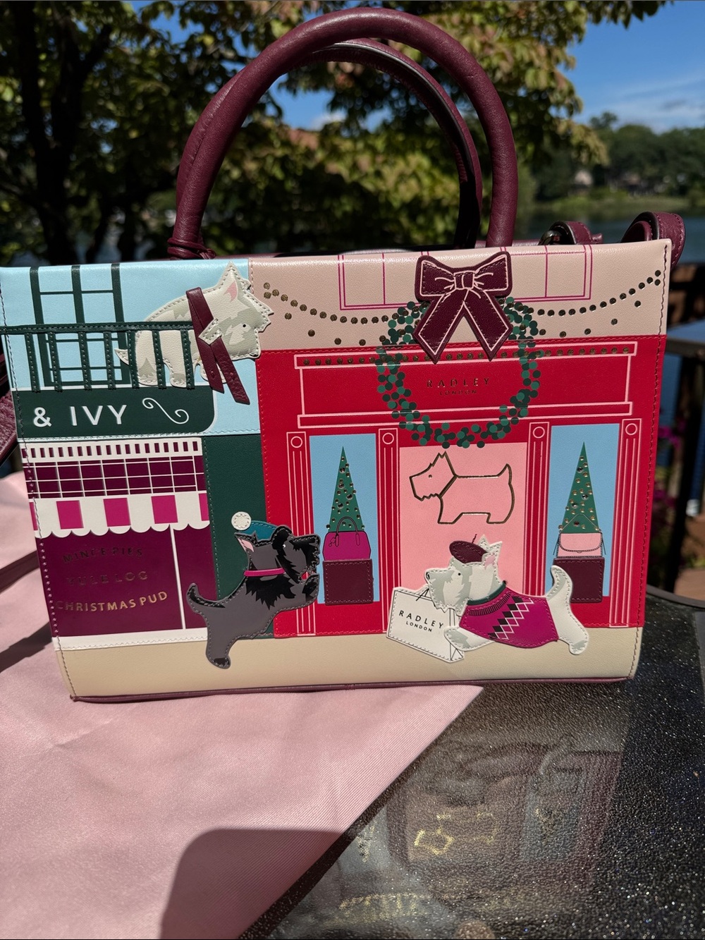 RADLEY LONDON Multi-Color Festive Top-Handle Satchel with Burgundy Handles
